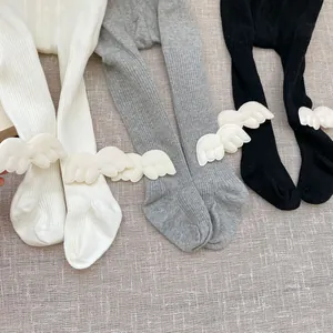 Detailed ribbed knit fabric of baby leggings featuring cute plush 3D angel wings