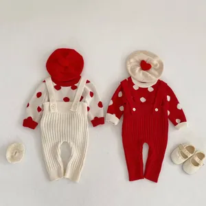 Infant Baby Knitted Polka Dot Sweater And Suspender Pants Outfit Spring Autumn Cotton Long Sleeve Clothing For Toddlers