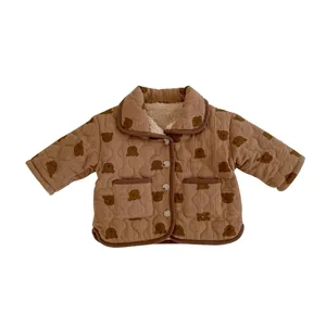 Winter baby quilted jacket with cute bear print and warm fleece lining in brown