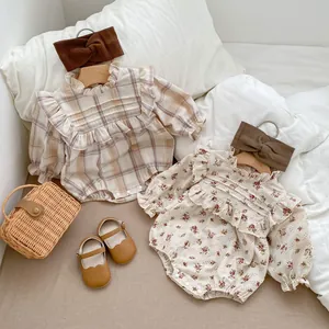 Long Sleeve Cotton Baby Girl Romper Floral Plaid Ruffle Collar Snap Bodysuit For Toddler Infant Spring Autumn Outfit