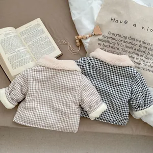 Detail of warm padded infant plaid coats with soft sherpa fleece collar for winter