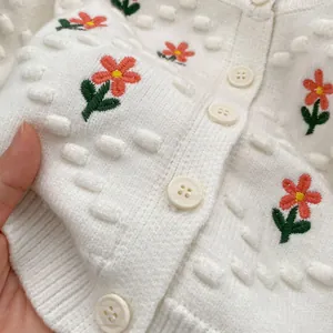 Primer plano de cárdigan de punto blanco con patrón de piña y bordado de flores