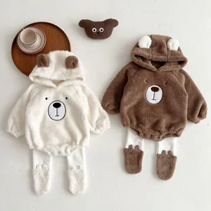 Cute teddy bear hooded fleece baby romper suit with 3D ears and matching socks for winter