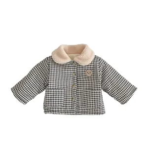 Winter baby plaid jacket with warm fleece collar and cute bear embroidery patch