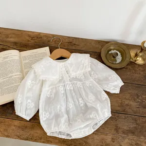 Baby Girl Vintage Floral Embroidered Lace Romper Peter Pan Collar Long Sleeve Cotton Bodysuit White Infant Jumpsuit