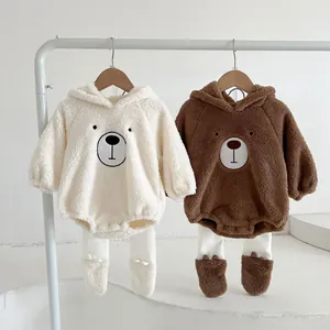 Cute teddy bear hooded baby rompers in cream and brown thick fleece with matching booties