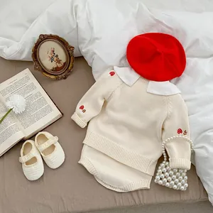 Close-up of baby knit set with mushroom embroidery and elegant white doll collar detail