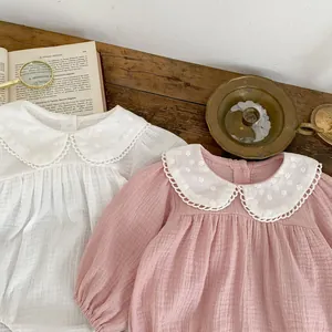 Baby girl long sleeve romper with vintage lace collar and floral embroidery details