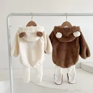 Cute teddy ear hooded fleece baby rompers in beige and brown for autumn and winter warmth
