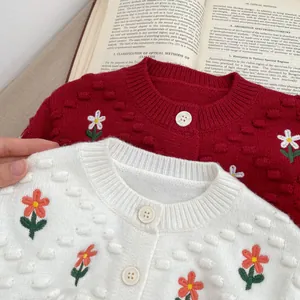 Detalle de cárdigans de punto para niñas con bordado floral y textura de puntos 3D