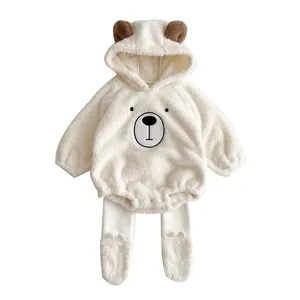 Cute white fleece baby bear hooded romper with embroidery for winter warmth