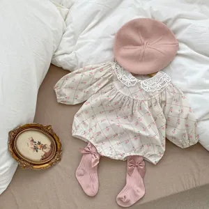 Baby Girl Floral Long Sleeve Romper Retro Lace Peter Pan Collar Cotton Bodysuit Spring Autumn Infant Jumpsuit