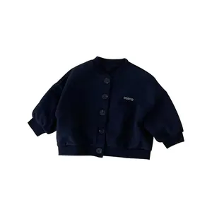 Kids navy blue knit cardigan with white BONITO embroidery and ribbed cuffs