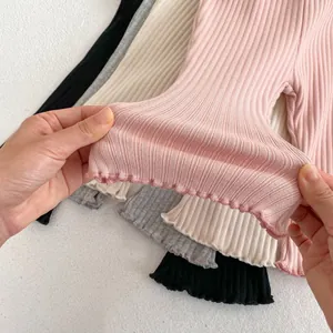 Elastic rib-knit baby flare pants with ruffle hem in various soft colors