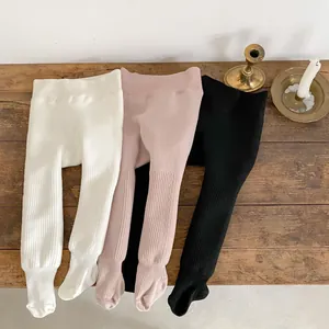 Three-pack thick winter ribbed cotton baby leggings in white, pink, and black colors