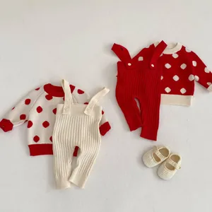 Baby polka dot sweater and suspender pants knit set with matching soft shoes