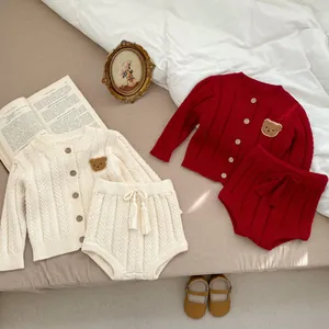 Kleinkind Mädchen Süßer Bär Bestickte Zopfmuster Strickjacke Und Shorts Outfits Für Herbst Lässige Baumwollkleidung