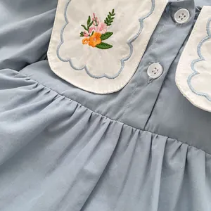 Detail of baby girl's light blue dress with white embroidered collar and buttons