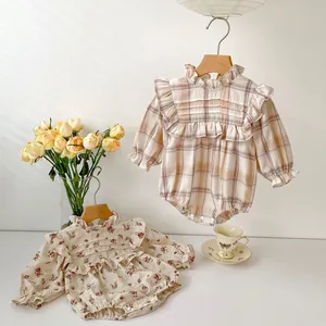 Baby girls floral and plaid cotton long sleeve rompers with ruffle collar details