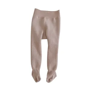 Thick winter infant leggings in Morandi pink with high waist rib knit design