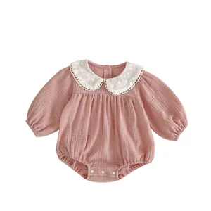 Pink cotton baby romper with white floral embroidered doll collar and long sleeves