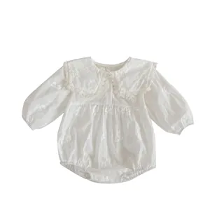 White infant long-sleeved bodysuit with floral embroidery and lace Peter Pan collar