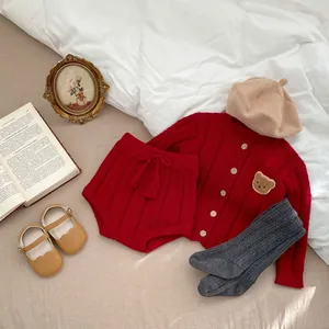 Detaillierte Flachbildansicht eines fünfteiligen Baby-Stricksets mit roter Bärenjacke