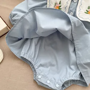 Infant girl light blue long sleeve bodysuit with floral embroidered white collar