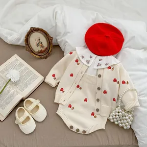 Cute Baby Girl Mushroom Embroidery Knitted Romper Sweater Cardigan Cotton Long Sleeve Outfits For Spring Autumn Toddler