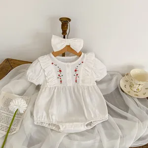Baby Girl Summer Cotton Romper Floral Embroidery Ruffle Short Sleeve Jumpsuit With Headband White Newborn Bodysuit Outfit