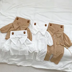 Tutina Neonato in Puro Cotone Classe A Manica Lunga Camicia Ricamo Orsetto Colletto Peter Pan Tuta Autunno Primavera