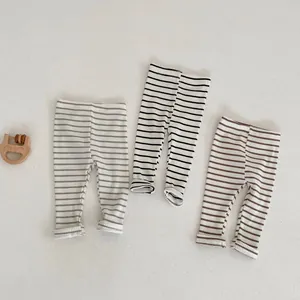 Three-pack of ribbed striped cotton leggings for infants with elastic waistbands