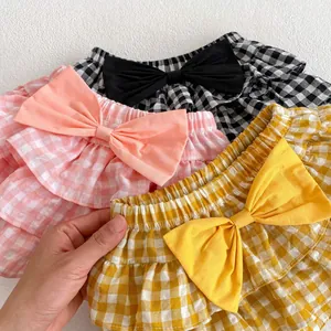 Baby girl summer plaid ruffle skorts with large bows and layered cake hem design