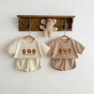 Detailed waffle knit texture and bear embroidery on baby summer short sleeve two-piece sets