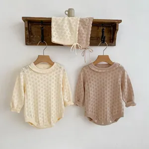 Knitted long sleeve baby girl romper set with hollow diamond pattern and matching bonnet