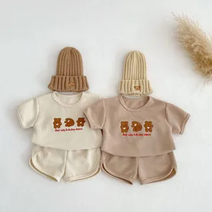 Infant Baby Summer Waffle Knit Set 100% Cotton Cartoon Bear Embroidery Short Sleeve T-Shirt And Shorts Two Piece Outfit