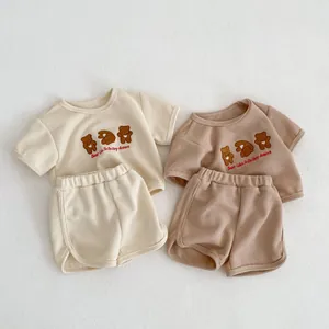 Baby waffle knit set with bear embroidery, beige and brown short sleeve sets for summer