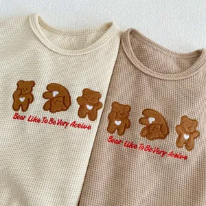 Infant waffle knit set with bear embroidery in beige and brown cotton fabric