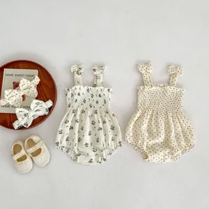 Baby Girl Floral Polka Dot Romper And Headband Set Sleeveless Cotton Smocked Bodysuit Summer Infant Jumpsuit Sunsuit