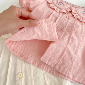 Abito rosa per neonata con ricamo a coniglio e colletto con volant in cotone naturale