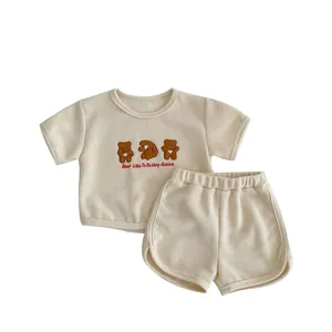 Infant waffle knit summer set with cute bear embroidery cream short sleeve and shorts