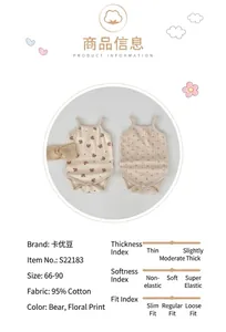 Detail of baby sleeveless rompers in bear print and floral cotton fabric for infants
