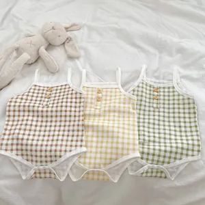Mameluco Gingham para Bebé Con Diadema de Algodón Sin Mangas Body de Camisola a Cuadros Ropa de Verano para Infantes