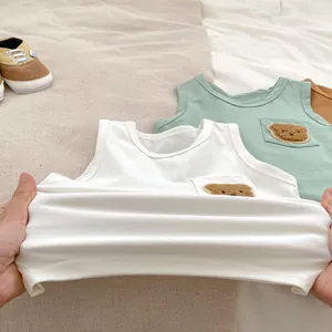 Sleeveless baby cotton tank top with cartoon bear patch embroidery and elastic fabric