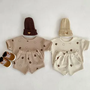Baby Toddler Waffle Knit Cotton T-Shirt And Shorts Set Bear Print Short Sleeve Summer Casual Clothing Outfit For Infants