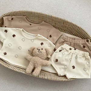 Infant waffle cotton short sleeve set with cute bear print and matching shorts