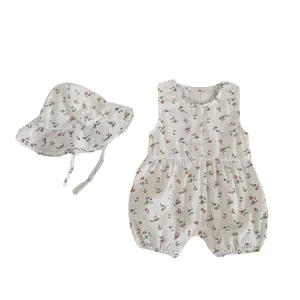 Barboteuse sans manches pour bébé fille avec chapeau de soleil à fleurs en coton