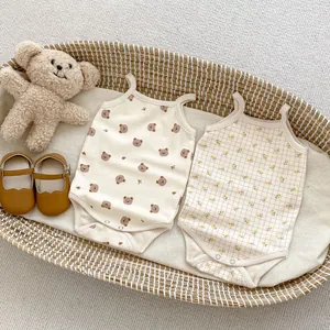 Baby Sleeveless Romper Camisole Bodysuit Cotton Infant Bear Floral Print Summer Triangular Jumpsuit With Snap Closure