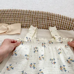 Set estivo in mussola di cotone floreale per neonata con fascia coordinata per 0-3 anni