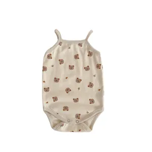 Baby sleeveless romper in cream cotton with all-over bear and leaf prints